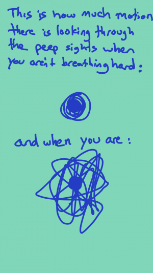 This is how much motion there is when you are looking through the peep sights when you aren't breathing hard (illustration of circle) and when you are (illustration of circle that appears to be moving in all directions).